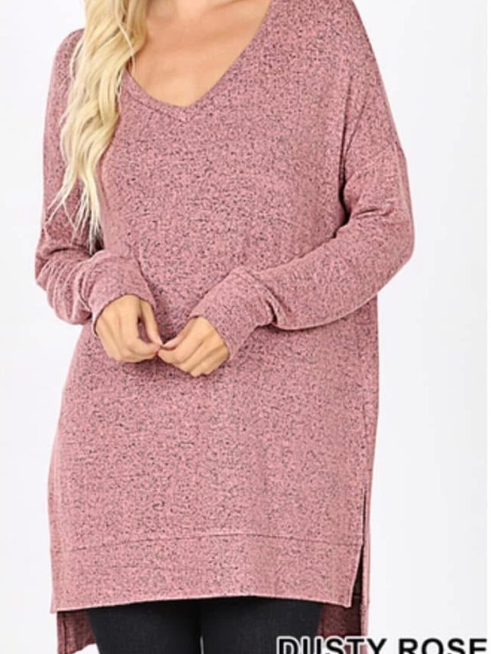 Brushed mélange V-neck sweater hi-low hem